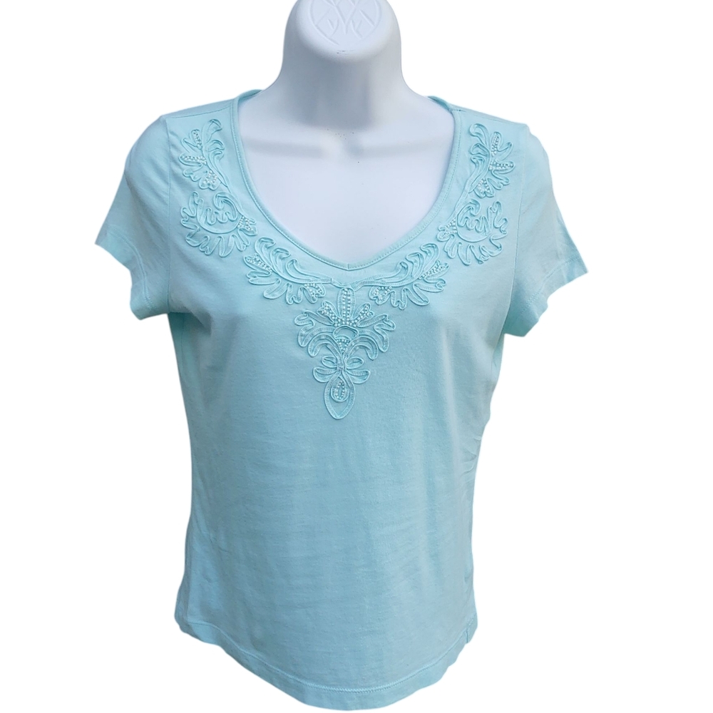 Talbots Light Blue Embroidered Short Sleeve Tee